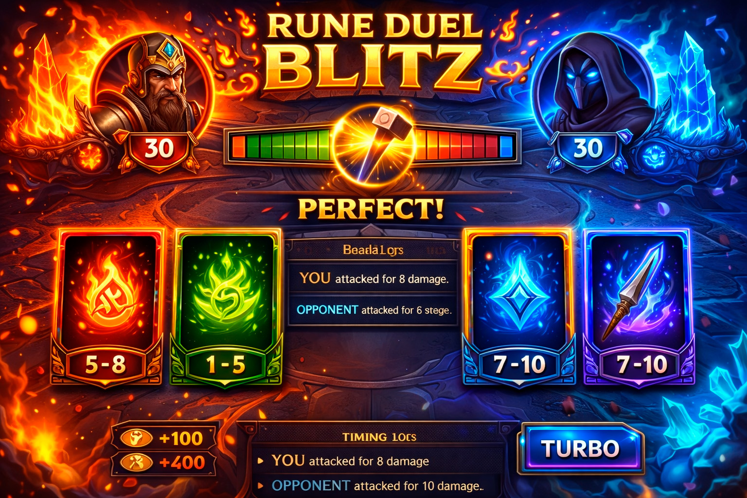 Rune Duel Blitz promotional artwork with opposing duelists, timing meter, rune cards and elemental battle arena.